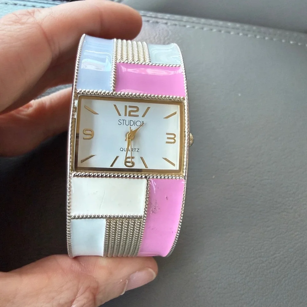 Studio Time Women Silver Pink Blue Enamel Cuff Bangle Watch  Quartz WORKS